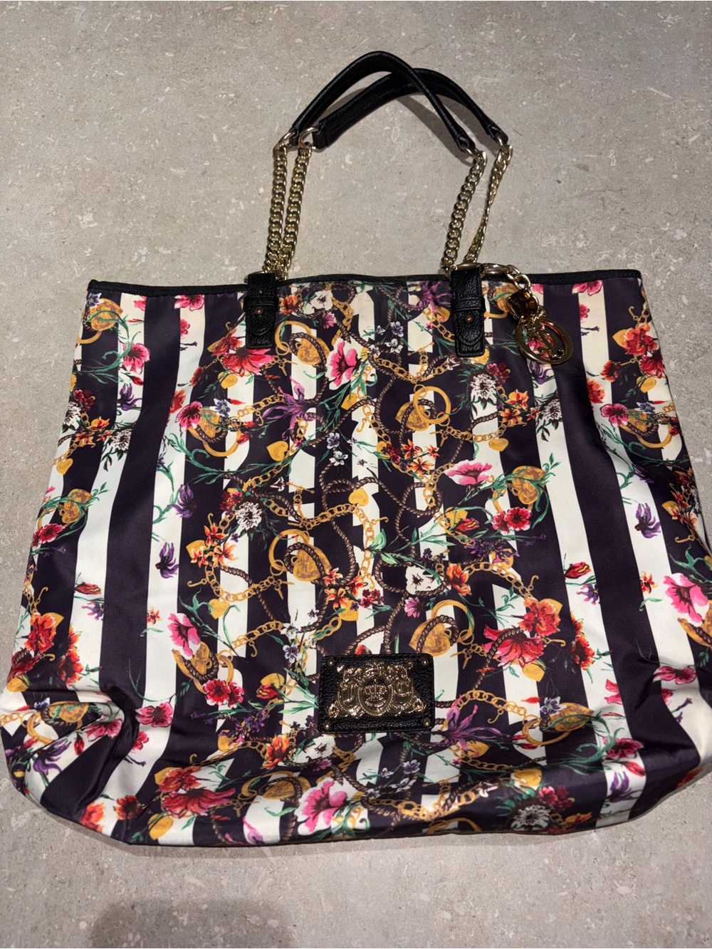 Juicy Couture Black & White Striped Floral Chain-Tote
